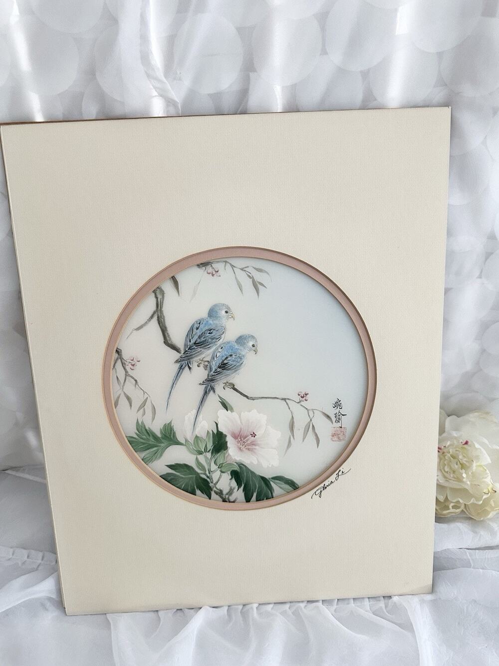 VTG Oriental Watercolor on Silk Blue Birds Landscape, Signed Asian Art 16 X 20